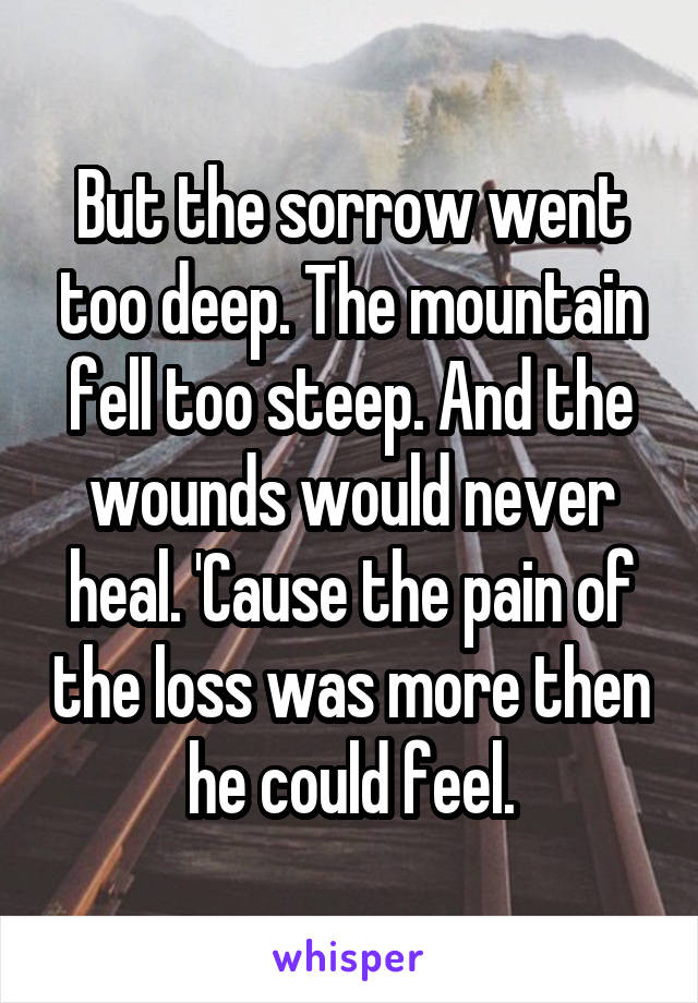 But the sorrow went too deep. The mountain fell too steep. And the wounds would never heal. 'Cause the pain of the loss was more then he could feel.