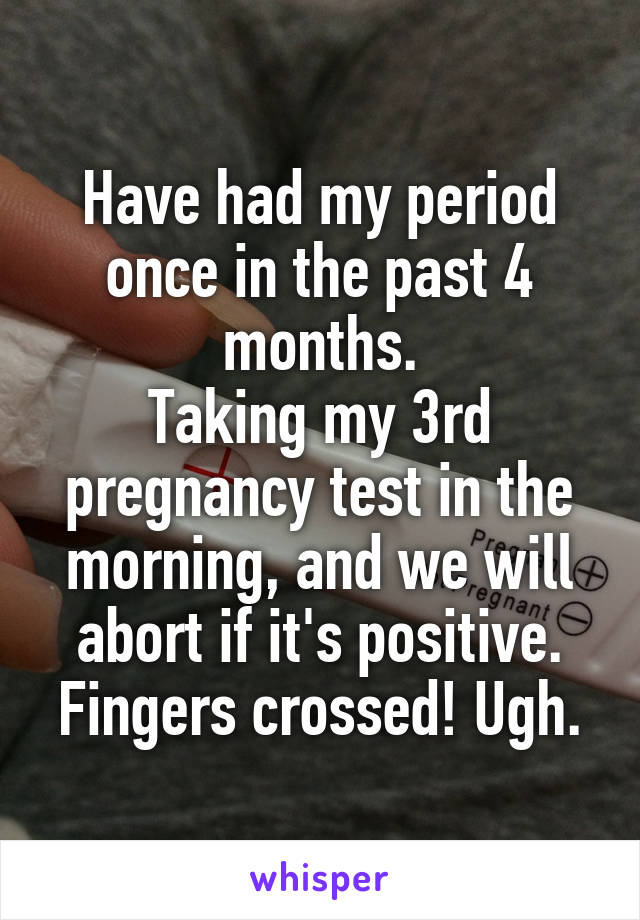 Have had my period once in the past 4 months.
Taking my 3rd pregnancy test in the morning, and we will abort if it's positive.
Fingers crossed! Ugh.