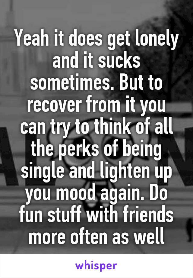 Yeah it does get lonely and it sucks sometimes. But to recover from it you can try to think of all the perks of being single and lighten up you mood again. Do fun stuff with friends more often as well