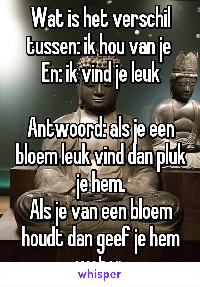 Wat is het verschil tussen: ik hou van je 
En: ik vind je leuk

Antwoord: als je een bloem leuk vind dan pluk je hem.
Als je van een bloem houdt dan geef je hem water.