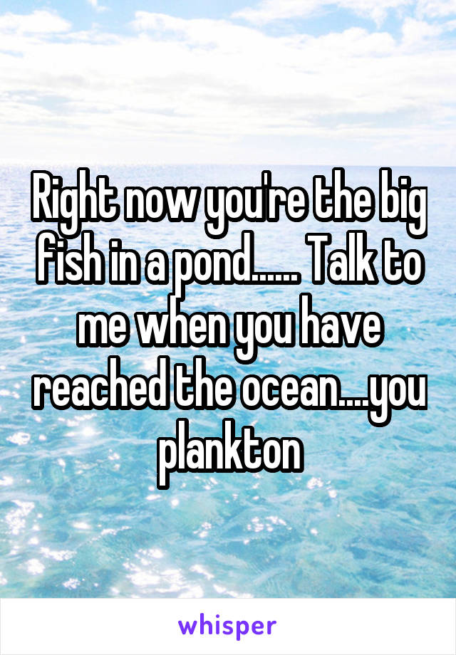 Right now you're the big fish in a pond...... Talk to me when you have reached the ocean....you plankton