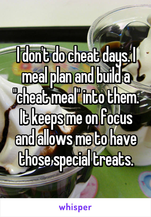 I don't do cheat days. I meal plan and build a "cheat meal" into them. It keeps me on focus and allows me to have those special treats.