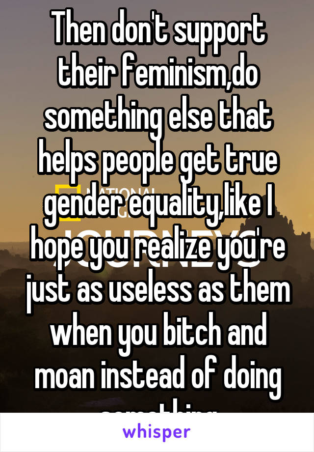 Then don't support their feminism,do something else that helps people get true gender equality,like I hope you realize you're just as useless as them when you bitch and moan instead of doing something