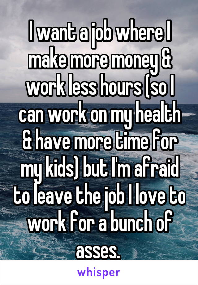 I want a job where I make more money & work less hours (so I can work on my health & have more time for my kids) but I'm afraid to leave the job I love to work for a bunch of asses. 