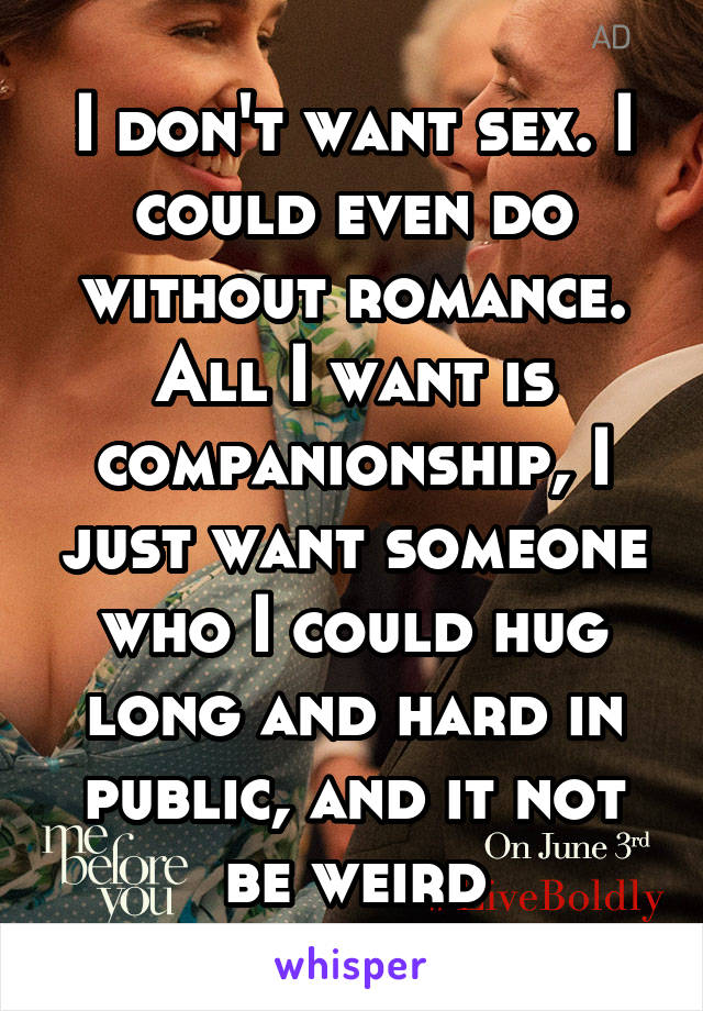 I don't want sex. I could even do without romance. All I want is companionship, I just want someone who I could hug long and hard in public, and it not be weird