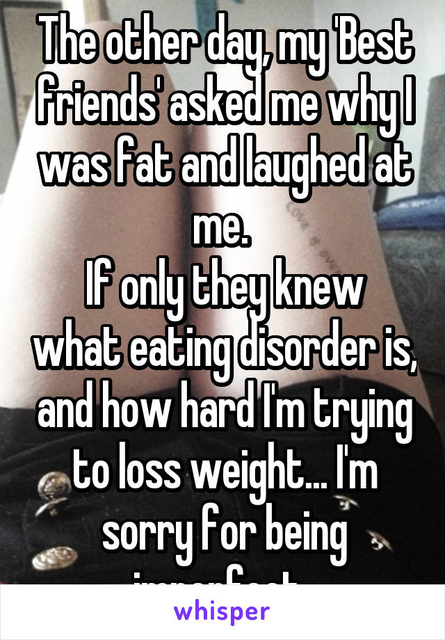 The other day, my 'Best friends' asked me why I was fat and laughed at me. 
If only they knew what eating disorder is, and how hard I'm trying to loss weight... I'm sorry for being imperfect. 