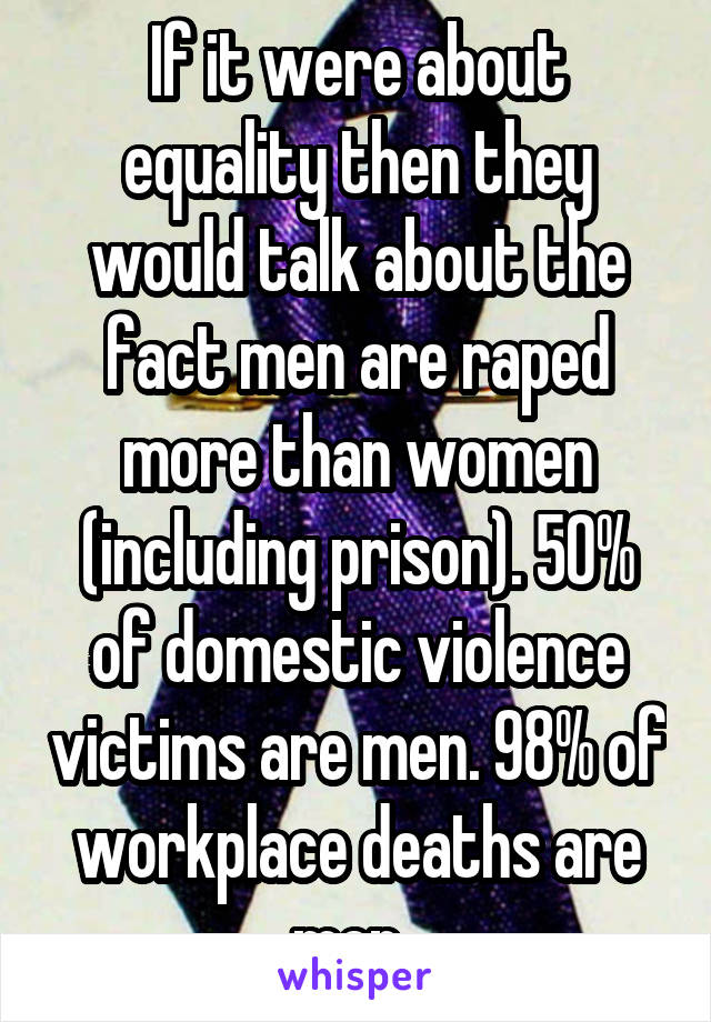 If it were about equality then they would talk about the fact men are raped more than women (including prison). 50% of domestic violence victims are men. 98% of workplace deaths are men. 