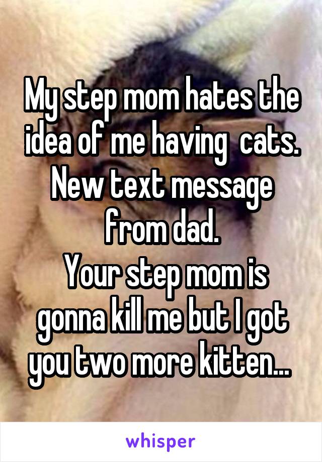 My step mom hates the idea of me having  cats.
New text message from dad.
 Your step mom is gonna kill me but I got you two more kitten... 