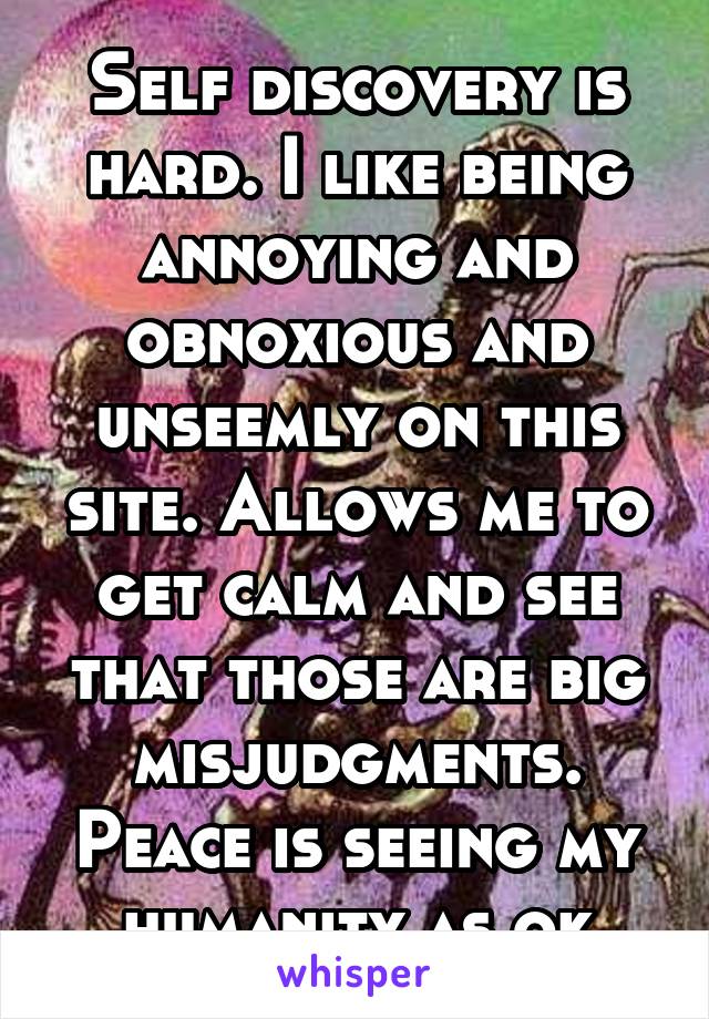 Self discovery is hard. I like being annoying and obnoxious and unseemly on this site. Allows me to get calm and see that those are big misjudgments. Peace is seeing my humanity as ok