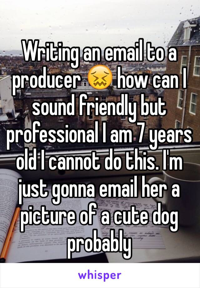 Writing an email to a producer 😖 how can I sound friendly but professional I am 7 years old I cannot do this. I'm just gonna email her a picture of a cute dog probably