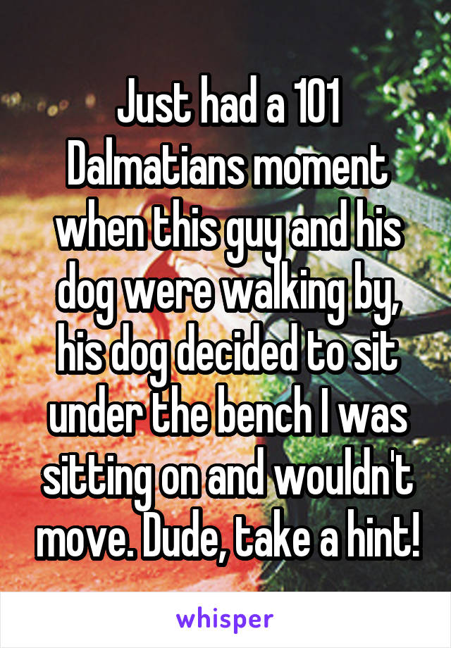 Just had a 101 Dalmatians moment when this guy and his dog were walking by, his dog decided to sit under the bench I was sitting on and wouldn't move. Dude, take a hint!