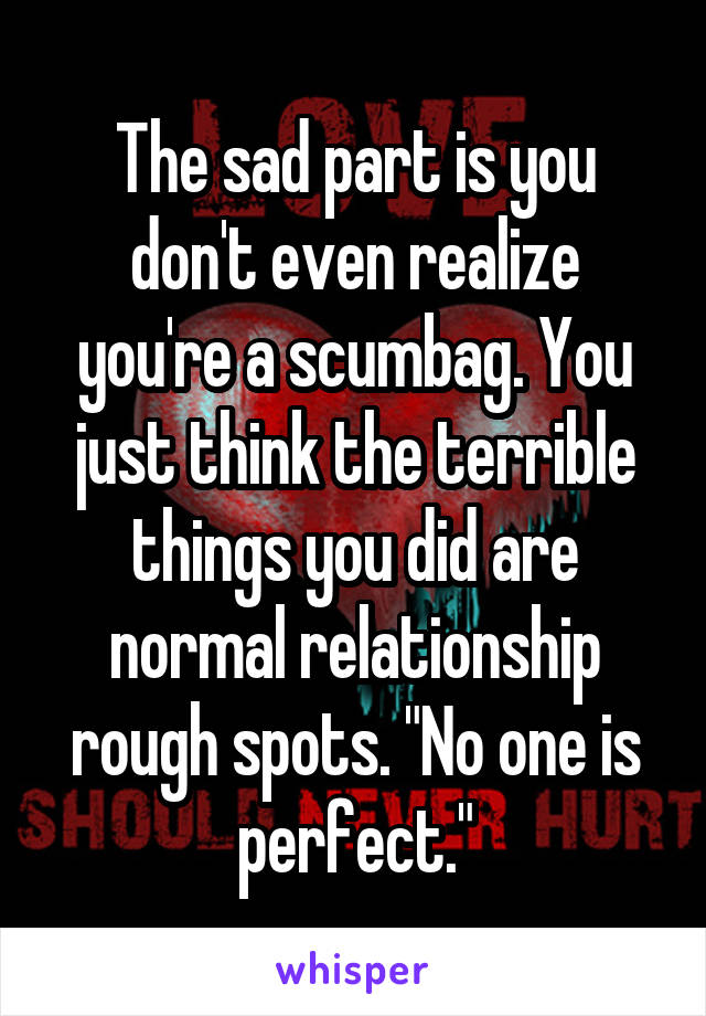 The sad part is you don't even realize you're a scumbag. You just think the terrible things you did are normal relationship rough spots. "No one is perfect."