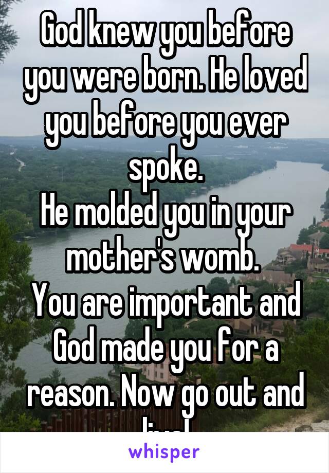 God knew you before you were born. He loved you before you ever spoke.
He molded you in your mother's womb. 
You are important and God made you for a reason. Now go out and live!