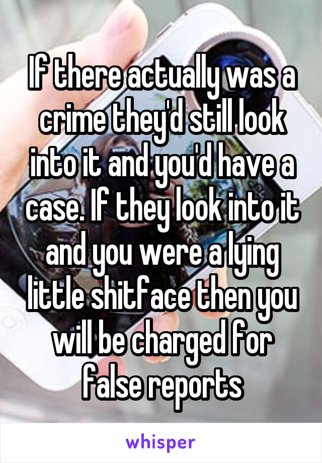If there actually was a crime they'd still look into it and you'd have a case. If they look into it and you were a lying little shitface then you will be charged for false reports
