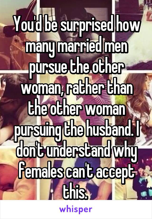 You'd be surprised how many married men pursue the other woman, rather than the other woman pursuing the husband. I don't understand why females can't accept this. 