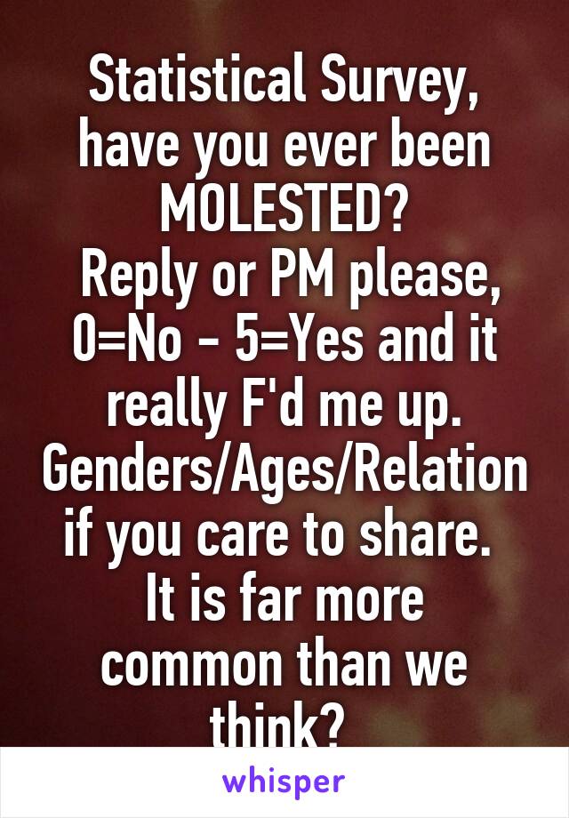 Statistical Survey, have you ever been MOLESTED?
 Reply or PM please,
0=No - 5=Yes and it really F'd me up. Genders/Ages/Relation if you care to share. 
It is far more common than we think? 