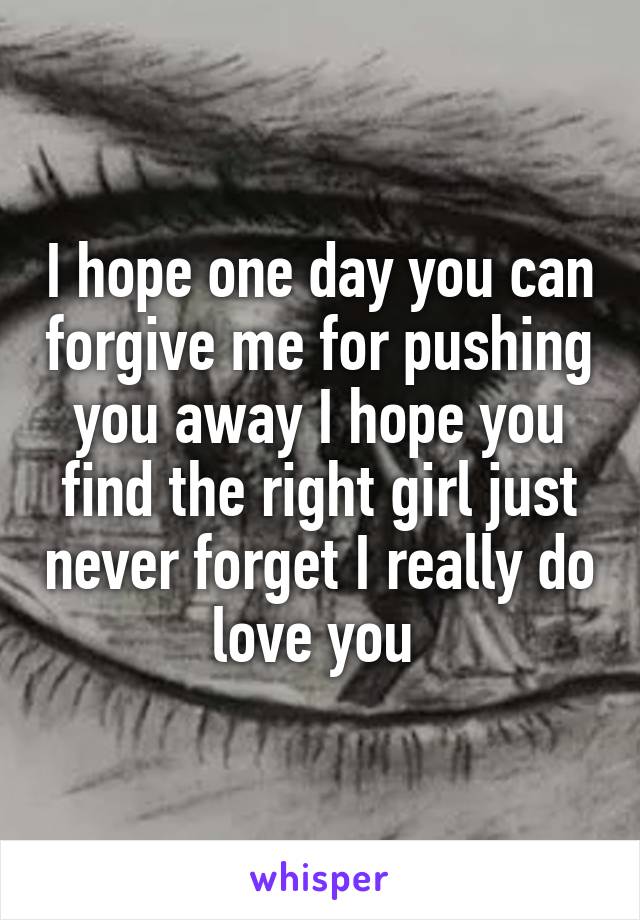 I hope one day you can forgive me for pushing you away I hope you find the right girl just never forget I really do love you 