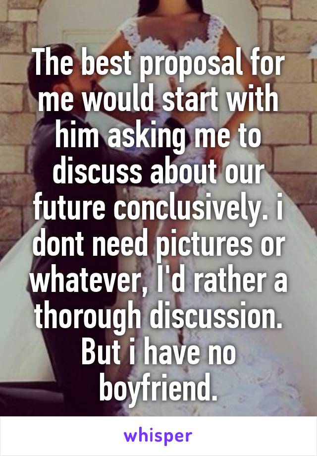 The best proposal for me would start with him asking me to discuss about our future conclusively. i dont need pictures or whatever, I'd rather a thorough discussion. But i have no boyfriend.