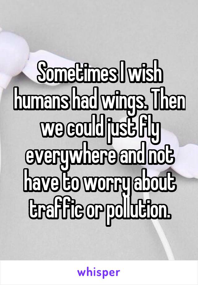 Sometimes I wish humans had wings. Then we could just fly everywhere and not have to worry about traffic or pollution.