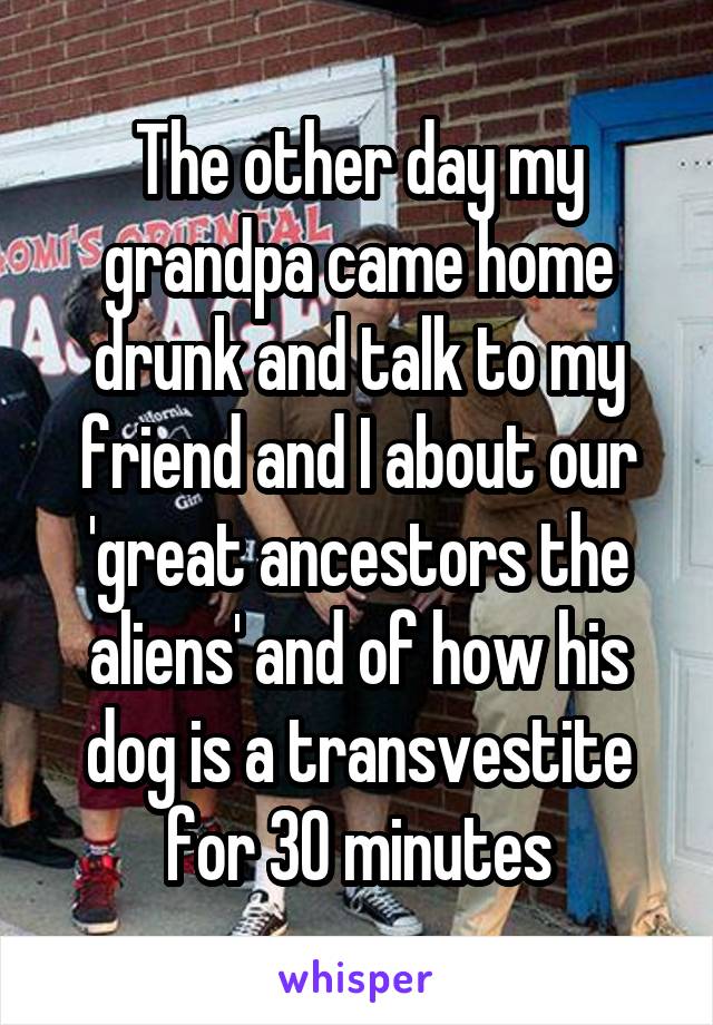 The other day my grandpa came home drunk and talk to my friend and I about our 'great ancestors the aliens' and of how his dog is a transvestite for 30 minutes