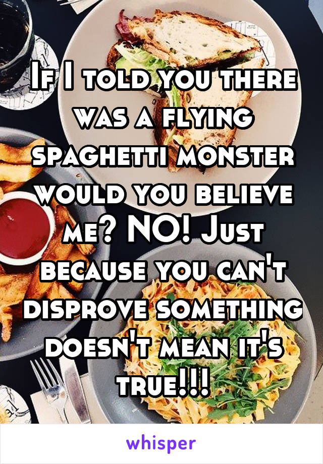 If I told you there was a flying spaghetti monster would you believe me? NO! Just because you can't disprove something doesn't mean it's true!!!