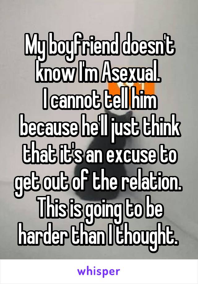 My boyfriend doesn't know I'm Asexual. 
I cannot tell him because he'll just think that it's an excuse to get out of the relation. 
This is going to be harder than I thought. 