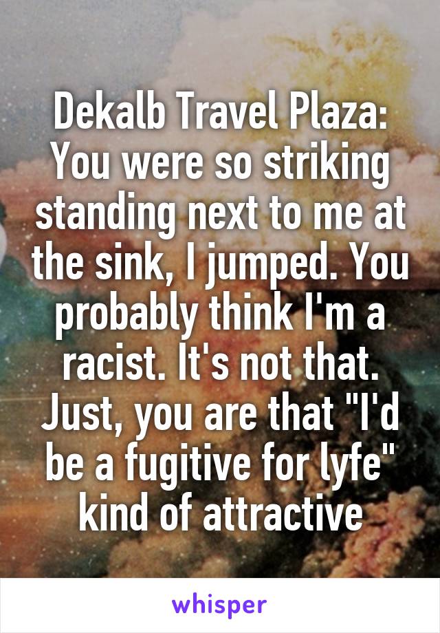 Dekalb Travel Plaza: You were so striking standing next to me at the sink, I jumped. You probably think I'm a racist. It's not that. Just, you are that "I'd be a fugitive for lyfe" kind of attractive