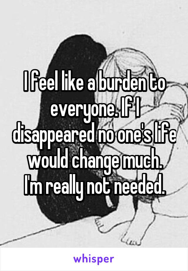 I feel like a burden to everyone. If I disappeared no one's life would change much.
I'm really not needed.