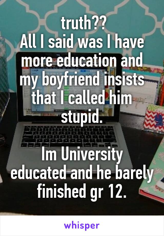  truth??
All I said was I have more education and my boyfriend insists that I called him stupid.

Im University educated and he barely finished gr 12.
