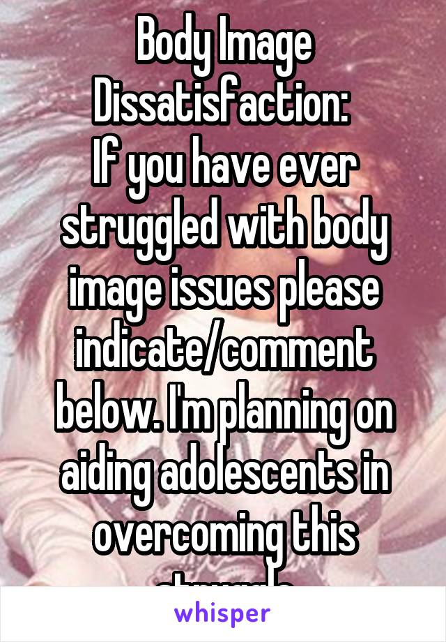 Body Image Dissatisfaction: 
If you have ever struggled with body image issues please indicate/comment below. I'm planning on aiding adolescents in overcoming this struggle