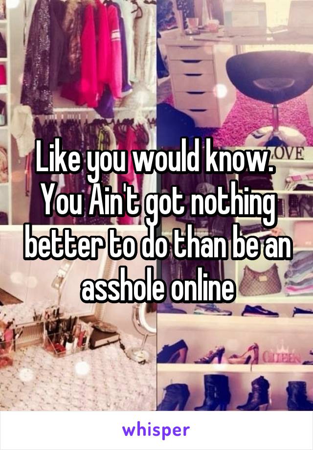 Like you would know. 
You Ain't got nothing better to do than be an asshole online