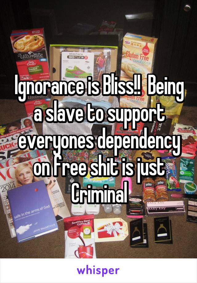 Ignorance is Bliss!!  Being a slave to support everyones dependency on free shit is just Criminal