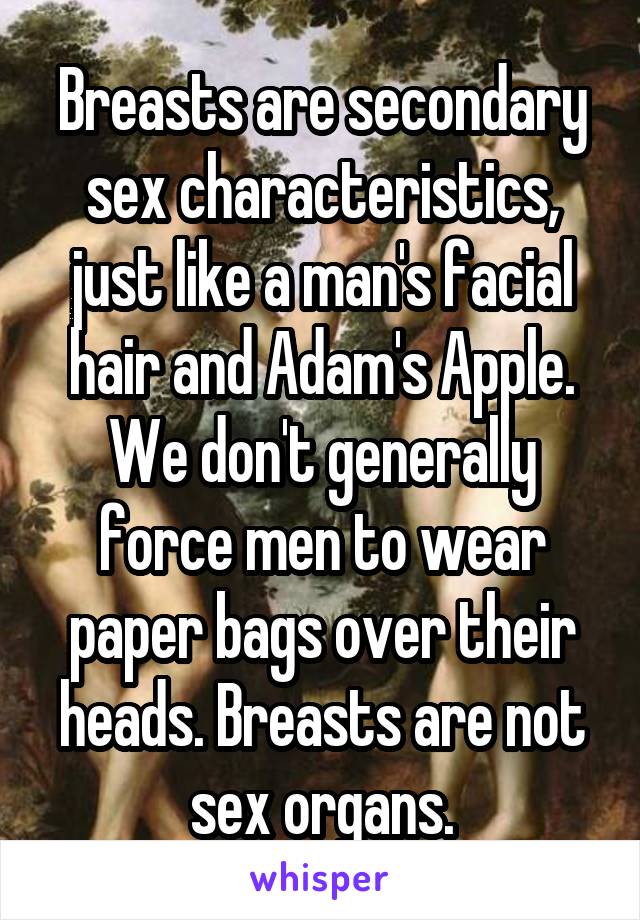 Breasts are secondary sex characteristics, just like a man's facial hair and Adam's Apple. We don't generally force men to wear paper bags over their heads. Breasts are not sex organs.