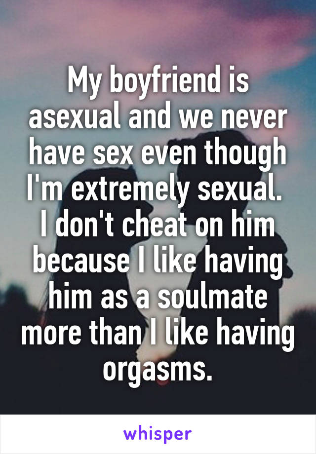 My boyfriend is asexual and we never have sex even though I'm extremely sexual. 
I don't cheat on him because I like having him as a soulmate more than I like having orgasms.