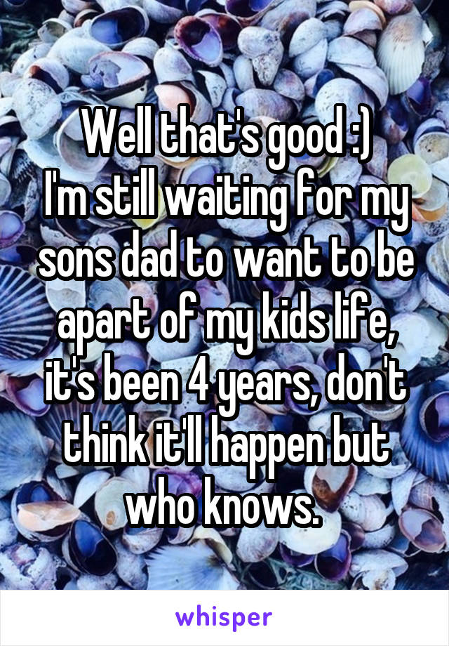 Well that's good :)
I'm still waiting for my sons dad to want to be apart of my kids life, it's been 4 years, don't think it'll happen but who knows. 