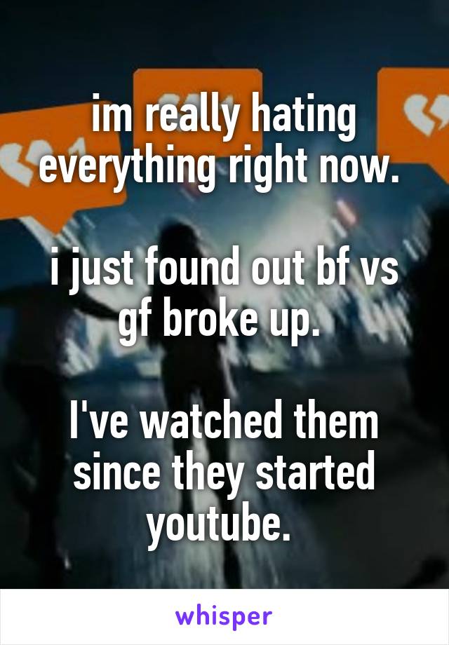 im really hating everything right now. 

i just found out bf vs gf broke up. 

I've watched them since they started youtube. 
