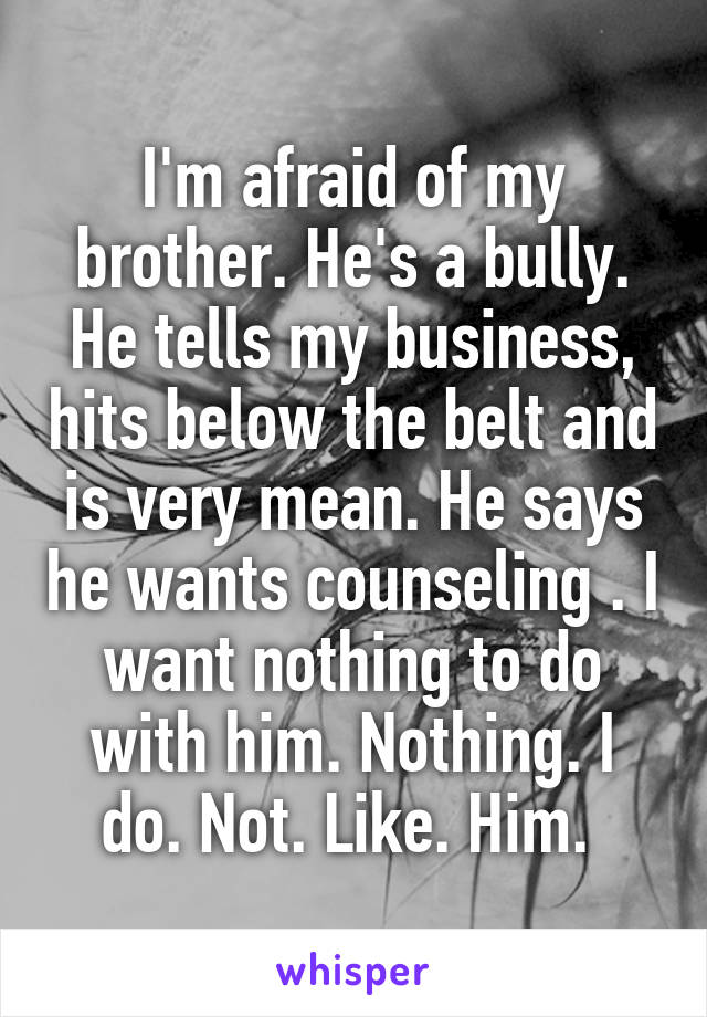 I'm afraid of my brother. He's a bully. He tells my business, hits below the belt and is very mean. He says he wants counseling . I want nothing to do with him. Nothing. I do. Not. Like. Him. 