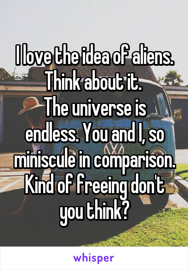 I love the idea of aliens. Think about it. 
The universe is endless. You and I, so miniscule in comparison. Kind of freeing don't you think?