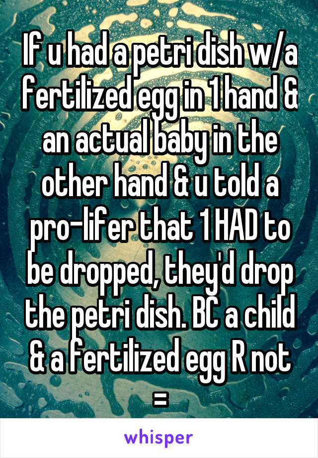 If u had a petri dish w/a fertilized egg in 1 hand & an actual baby in the other hand & u told a pro-lifer that 1 HAD to be dropped, they'd drop the petri dish. BC a child & a fertilized egg R not =