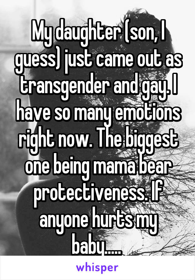 My daughter (son, I guess) just came out as transgender and gay. I have so many emotions right now. The biggest one being mama bear protectiveness. If anyone hurts my baby..... 
