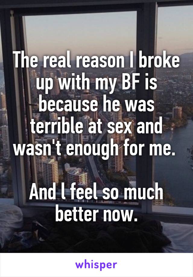 The real reason I broke up with my BF is because he was terrible at sex and wasn't enough for me. 

And l feel so much better now.