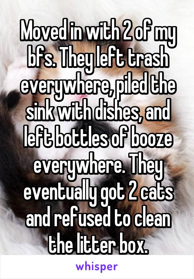 Moved in with 2 of my bfs. They left trash everywhere, piled the sink with dishes, and left bottles of booze everywhere. They eventually got 2 cats and refused to clean the litter box.