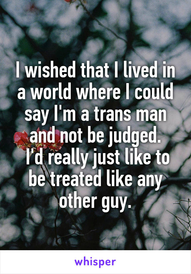 I wished that I lived in a world where I could say I'm a trans man and not be judged.
 I'd really just like to be treated like any other guy.