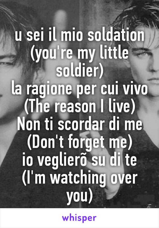 u sei il mio soldation
(you're my little soldier)
la ragione per cui vivo
(The reason I live)
Non ti scordar di me
(Don't forget me)
io veglierõ su di te
(I'm watching over you)