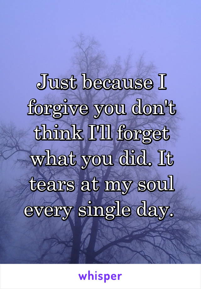 Just because I forgive you don't think I'll forget what you did. It tears at my soul every single day. 