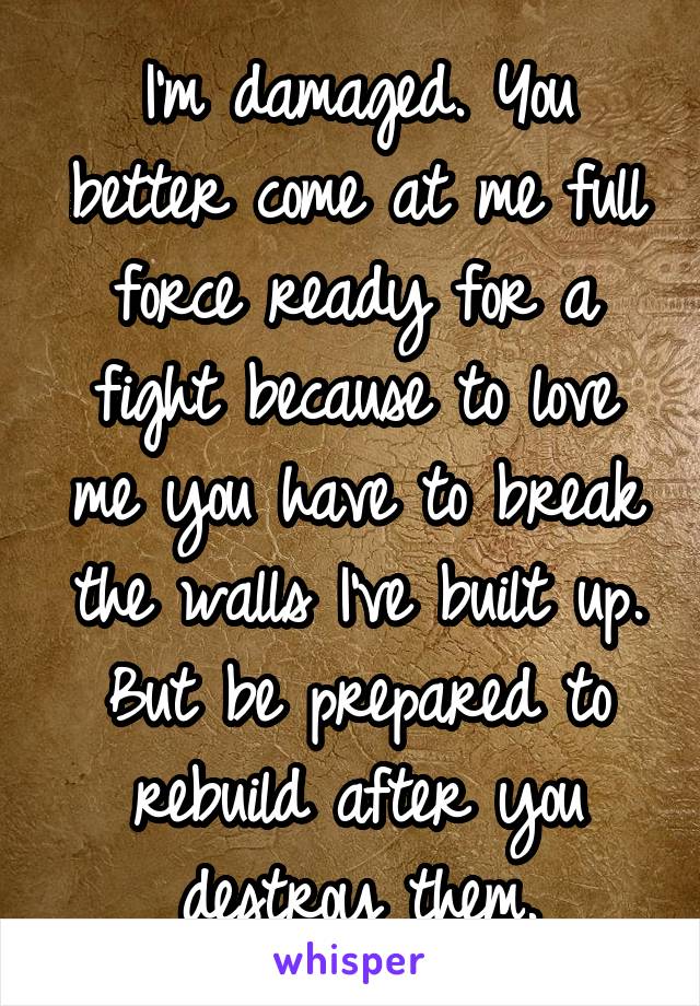 I'm damaged. You better come at me full force ready for a fight because to love me you have to break the walls I've built up. But be prepared to rebuild after you destroy them.