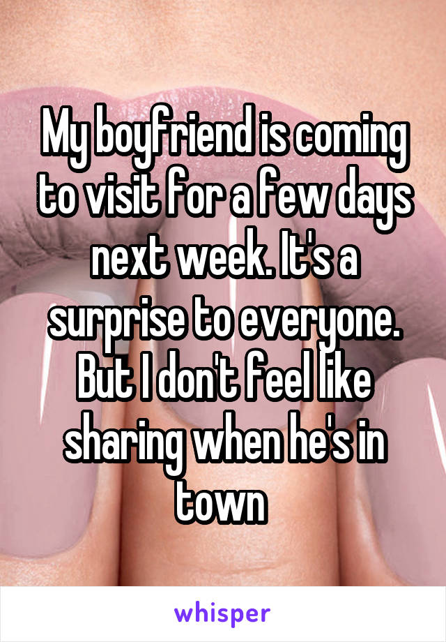 My boyfriend is coming to visit for a few days next week. It's a surprise to everyone. But I don't feel like sharing when he's in town 