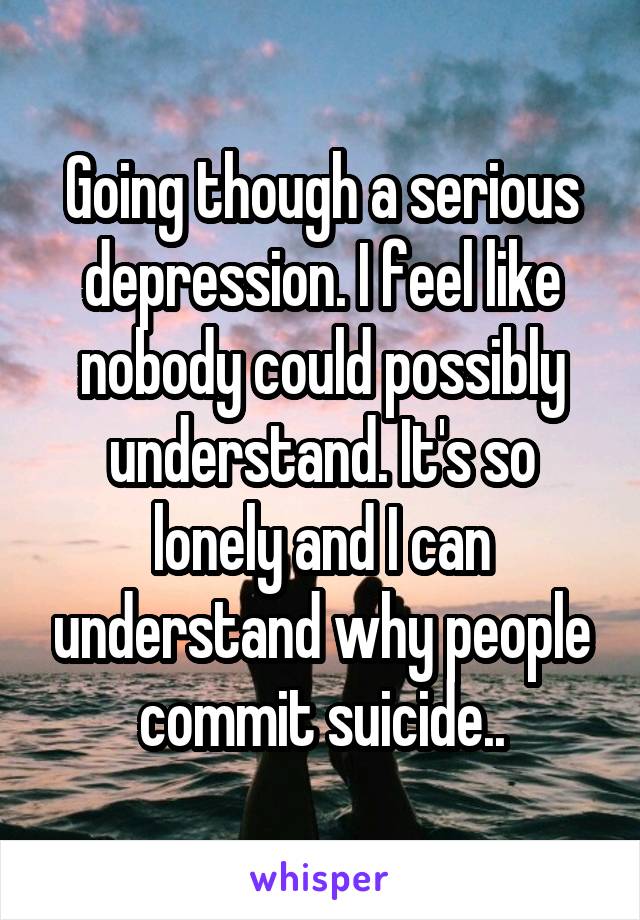 Going though a serious depression. I feel like nobody could possibly understand. It's so lonely and I can understand why people commit suicide..