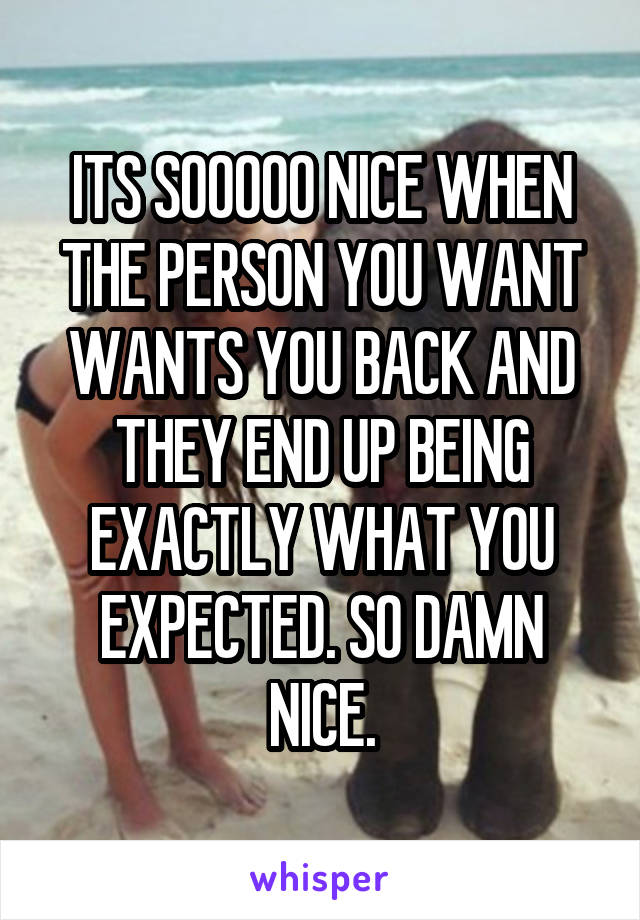 ITS SOOOOO NICE WHEN THE PERSON YOU WANT WANTS YOU BACK AND THEY END UP BEING EXACTLY WHAT YOU EXPECTED. SO DAMN NICE.