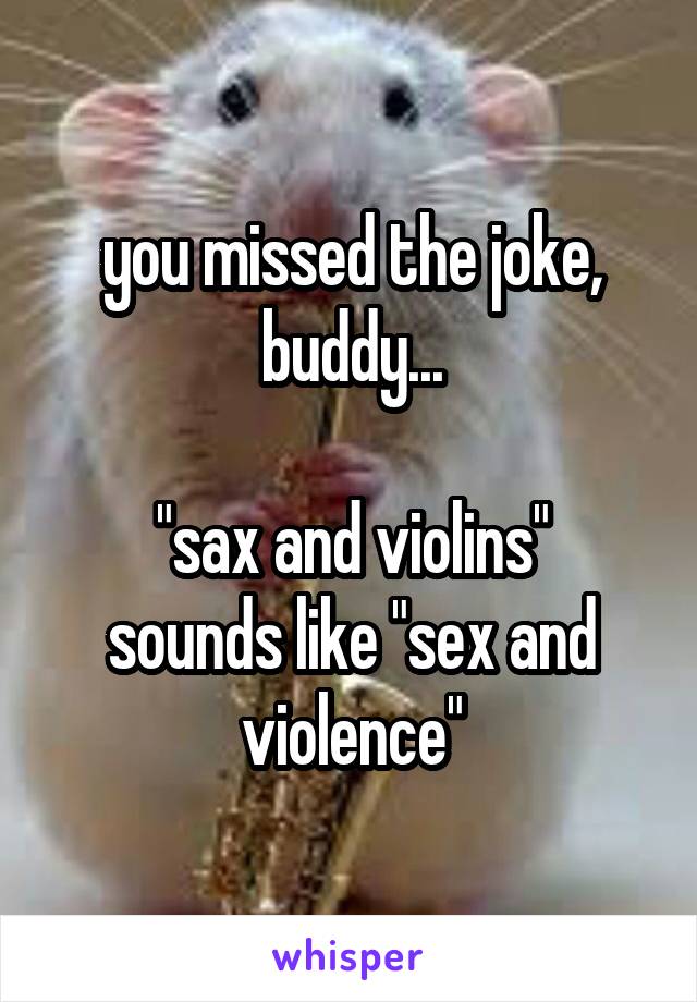 you missed the joke, buddy...

"sax and violins" sounds like "sex and violence"